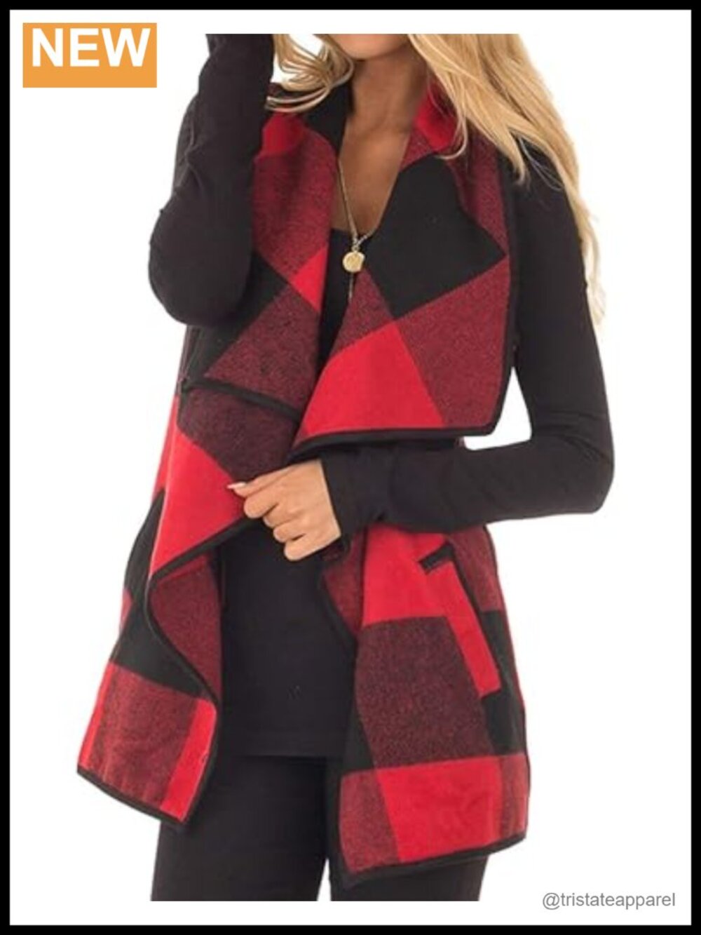 Sleeveless Cardigan Vest Plaid Asymmetric Hem Open Front Layering Piece